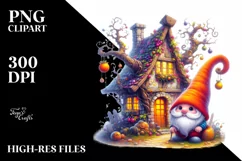 Gnome Orange Hat in Front of a House | Sublimation | Clipart Product Image 1