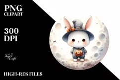 Cute Baby Rabbit on Halloween Moon PNG Product Image 1