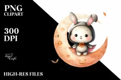 Cute Baby Rabbit on Halloween Moon PNG Product Image 1