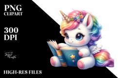 Cute Baby Unicorn Reading Watercolor Clipart Product Image 1