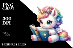 Cute Baby Unicorn Reading Watercolor Clipart Product Image 1