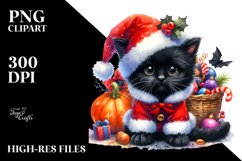 Cute Baby Black Cat Christmas Costume Watercolor Clipart Product Image 3