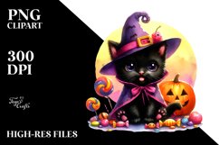 Cute Baby Black Cat Halloween Costume Watercolor Clipart Product Image 1