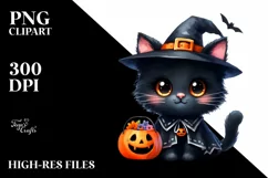 Cute Baby Black Cat Halloween Costume Watercolor Clipart Product Image 1
