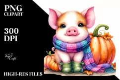 Cute Baby Pig with Pumpkin Watercolor Clipart Product Image 3