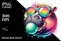 Colorful Hippo Sunglasses Chewing Gum Watercolor Clipart Product Image 1