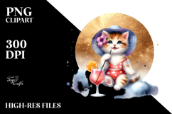Happy Kitten in Beachwear Drinking Cocktail PNG Product Image 2