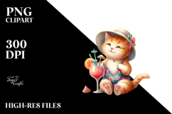 Happy Kitten in Beachwear Drinking Cocktail PNG Product Image 2