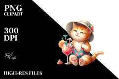 Happy Kitten in Beachwear Drinking Cocktail PNG Product Image 2