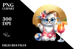 Happy Kitten in Beachwear Drinking Cocktail PNG Product Image 2