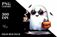 Cute Ghost with Sunglasses and Purse Holding Tea PNG Product Image 3