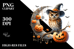 Owl Dressed for Halloween on Half Moon, High-Res PNG Product Image 2
