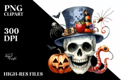 Watercolor Skull Halloween Clipart PNG Product Image 1