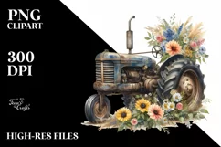 Vintage Dirty Tractor with Flowers Clipart Product Image 1