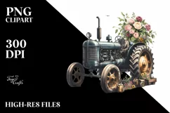 Vintage Dirty Tractor with Flowers Clipart Product Image 3