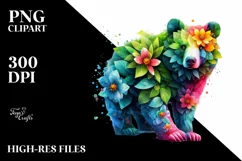 Abstract Vibrant Watercolor Bear with Plant Leaves and 3D Product Image 1