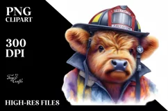 Colorful Baby Highland Cow in Firefighter's Helmet PNG Product Image 3