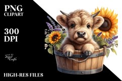 Cute Baby Highland Cow in Wood Bucket PNG Product Image 3