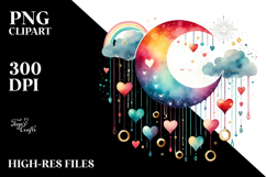 Simple Watercolor Moon with Hearts PNG Product Image 2