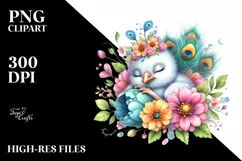 Colorful Watercolor Cute Baby Peacock Sleeping in a Flower Product Image 3