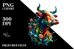 Abstract Vibrant Watercolor Cow with Plant Leaves and 3D Product Image 3