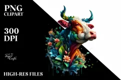 Abstract Vibrant Watercolor Cow with Plant Leaves and 3D Product Image 3