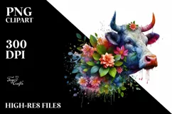 Abstract Vibrant Watercolor Cow with Plant Leaves and 3D Product Image 1