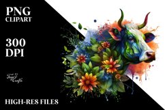 Abstract Vibrant Watercolor Cow with Plant Leaves and 3D Product Image 1