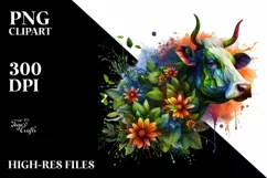 Abstract Vibrant Watercolor Cow with Plant Leaves and 3D Product Image 1