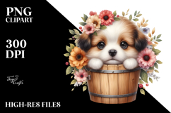 Watercolor Cute Baby Dog in Flower Bucket PNG Product Image 2