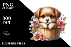 Watercolor Cute Baby Dog in Flower Bucket PNG Product Image 2