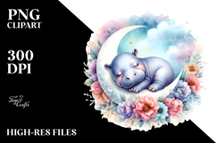Whimsical Baby Hippo Sleeping with Flowers Product Image 2