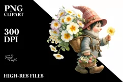 Detailed Watercolor of a Small Gnome Caring a Large Primrose Product Image 3