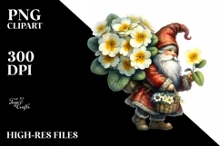Detailed Watercolor of a Small Gnome Caring a Large Primrose Product Image 1