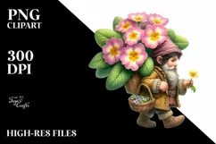 Detailed Watercolor of a Small Gnome Caring a Large Primrose Product Image 3