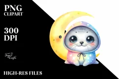 Cute Baby Hooded Seal with Moon | Clipart Product Image 3