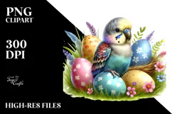 Cute Baby Parrot in Grass with Eggs, PNG Product Image 2