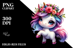Cute Baby Unicorn with Floral Wreath,Watercolor PNG Product Image 2