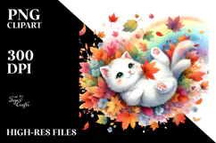 Colorful Watercolor Cat Tumbling with Autumn Leaves, Product Image 2