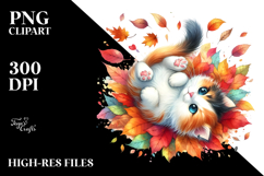 Colorful Watercolor Cat Tumbling with Autumn Leaves, Product Image 2