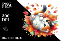Colorful Watercolor Cat Tumbling with Autumn Leaves, Product Image 2