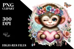 Winking Baby Monkey with Heart Watercolor PNG Product Image 2