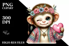 Winking Baby Monkey with Heart Watercolor PNG Product Image 2