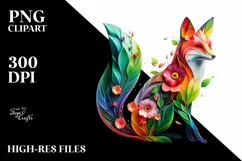 Abstract Vibrant Watercolor Fox with Plant Leaves and 3D Product Image 1