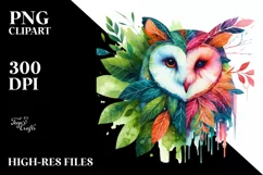 Abstract Vibrant Watercolor Owl with Plant Leaves, Product Image 3