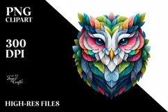 Abstract Vibrant Watercolor Owl with Plant Leaves, Product Image 1