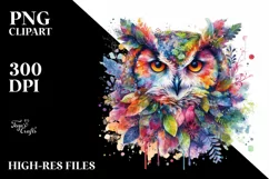 Abstract Vibrant Watercolor Owl with Plant Leaves, Product Image 3