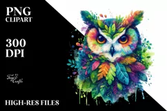 Abstract Vibrant Watercolor Owl with Plant Leaves, Product Image 1