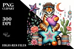 Colorful Boho Tiger Heart Holding Star, PNG Product Image 2