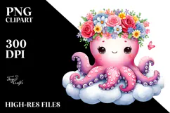Cartoon-Style Flower Crown Octopus PNG Product Image 2